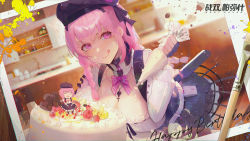 Rule 34 | 1girl, ayla: brilliance (punishing: gray raven), ayla (punishing: gray raven), belt, birthday cake, blurry, blurry background, braid, brush, cake, candy, cherry, chibi, chocolate, chocolate heart, choker, food, fruit, heart, highres, kitchen, long hair, looking to the side, official art, pastry bag, picture, pink hair, pouch, punishing: gray raven, ribbon, solo, tongue, tongue out, upper body, zhang shuang pa mi shi