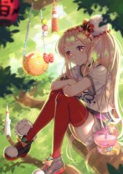Rule 34 | 1girl, black skirt, blonde hair, bow, crossed arms, day, drinking straw, elf, elu (1st costume) (nijisanji), elu (nijisanji), flower, hair flower, hair ornament, highres, in tree, knees up, long hair, looking at viewer, nijisanji, nule3309, outdoors, pointy ears, ponytail, red bow, red thighhighs, scrunchie, shirt, shoes, sidelocks, sitting, skirt, sneakers, solo, t-shirt, thighhighs, tree, virtual youtuber, wrist scrunchie