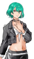 Rule 34 | 1girl, aqua hair, black jacket, black skirt, breasts, choker, cleavage, dead or alive, dead or alive 6, dead or alive xtreme venus vacation, highres, jacket, large breasts, multicolored hair, navel, skirt, streaked hair, tagme, tamaki (doa), tsune, yellow eyes