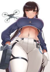Rule 34 | 1girl, blush, breasts, brown eyes, brown hair, drone, from below, gloves, goddess of victory: nikke, hand on own hip, highres, holster, id card, large breasts, long hair, looking at viewer, marciana (nikke), midriff, military uniform, murakumi883, navel piercing, pants, piercing, solo, thigh holster, tight clothes, tight pants, uniform, white gloves, white pants