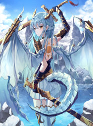 Rule 34 | 1girl, absurdres, armor, back cutout, bad id, bad pixiv id, bare shoulders, blue gloves, blue hair, body markings, braid, braided bangs, closed mouth, clothing cutout, cloud, commentary, dragon, dragon girl, dragon horns, dragon tail, dragon wings, eastern dragon, elbow gloves, facing away, garter straps, gloves, hair between eyes, highres, holding, holding weapon, horns, huge filesize, kerno, long hair, looking at viewer, mountain, original, pleated skirt, sheath, shoulder armor, skirt, sky, solo, sun symbol, sword, tail, thighhighs, weapon, wing armor, wings, yellow eyes