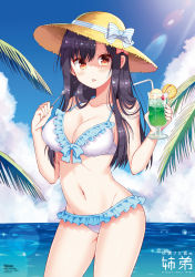 Rule 34 | 1girl, bikini, black hair, blush, breasts, brown eyes, cleavage, cover, cover page, cowboy shot, cup, drinking glass, drinking straw, frilled bikini, frills, futaba-san chi no kyoudai, futaba neiko, hat, highres, holding, lens flare, long hair, looking at viewer, medium breasts, ocean, official art, palm tree, smile, sunlight, swimsuit, tree, tsukudani norio, white bikini