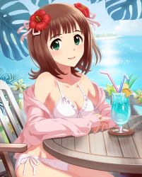 Rule 34 | 10s, 1girl, amami haruka, beach, bikini, blue sky, bob cut, breasts, brown hair, chair, cleavage, day, drink, drinking straw, flower, food, frilled bikini, frilled swimsuit, frills, fruit, glass, green eyes, hair flower, hair ornament, hair ribbon, hibiscus, hood, hoodie, idolmaster, idolmaster (classic), idolmaster cinderella girls, jacket, jacket over swimsuit, looking at viewer, medium breasts, ocean, off shoulder, official art, open clothes, open hoodie, pov across table, ribbon, side-tie bikini bottom, sitting, sky, soda, solo, summer, swimsuit, table, white bikini, wooden chair, wooden table