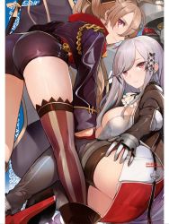 Rule 34 | 2girls, ass, asymmetrical legwear, azur lane, blush, boots, breasts, brown hair, cleavage, cleavage cutout, clothing cutout, dress, dunkerque (azur lane), flag, gloves, hair between eyes, hair ribbon, hand on another&#039;s thigh, high heels, highres, jacket, jean bart (azur lane), juliet sleeves, large breasts, long hair, long sleeves, looking at viewer, multiple girls, puffy sleeves, pupps, red eyes, ribbon, short shorts, shorts, striped clothes, striped thighhighs, thigh boots, thighhighs, thighs, uneven legwear, vertical-striped clothes, vertical-striped thighhighs, white hair