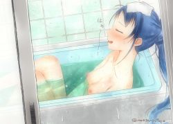 Rule 34 | 1girl, bathing, bathtub, blue hair, blush, breasts, completely nude, closed eyes, from side, indoors, kantai collection, long hair, mae (maesanpicture), nipples, nude, open mouth, partially submerged, ponytail, profile, samidare (kancolle), sitting, small breasts, solo, sweat, tile wall, tiles, twitter username, very long hair, water, wet