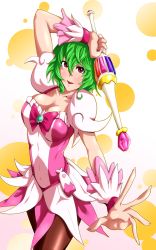 Rule 34 | 1girl, breasts, cleavage, cosplay, cure blossom, cure blossom (cosplay), female focus, gradient background, green hair, heartcatch precure!, kazami yuuka, large breasts, leotard, magical girl, pantyhose, precure, red eyes, sagattoru, skirt, solo, touhou, white background
