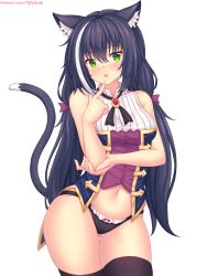 Rule 34 | 1girl, animal ear fluff, animal ears, bare arms, bare shoulders, black hair, black panties, black thighhighs, blush, bow, bow panties, breasts, cat ears, cat girl, cat tail, commentary, english commentary, fang, finger to mouth, gluteal fold, green eyes, hair between eyes, hair bow, hand up, head tilt, highres, index finger raised, karyl (princess connect!), long hair, low twintails, medium breasts, multicolored hair, navel, no detached sleeves, no pants, nottytiffy, panties, parted lips, princess connect!, purple bow, shirt, simple background, sleeveless, sleeveless shirt, solo, streaked hair, tail, tail raised, thighhighs, twintails, underwear, very long hair, watermark, web address, white background, white hair, white shirt