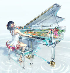 Rule 34 | 1girl, artist name, barefoot, black hair, commentary, dress, duplicate, english commentary, fish, flower, flower on head, grand piano, highres, instrument, looking up, music, on water, original, piano, pixel-perfect duplicate, playing instrument, playing piano, short hair, sitting, transparent, white background, white dress, yuumei