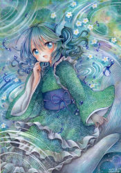 Rule 34 | 1girl, animal ears, blue eyes, blue hair, blush, dated, fins, head fins, japanese clothes, kimono, long sleeves, matching hair/eyes, mermaid, monster girl, mosho, obi, open mouth, painting (medium), sash, short hair, signature, smile, solo, touhou, traditional media, wakasagihime, watercolor (medium), wide sleeves