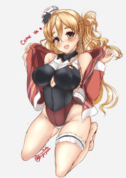 Rule 34 | 1girl, adapted costume, alternate costume, armpits, ascot, barefoot, blonde hair, braid, breasts, bridal garter, cleavage cutout, clothing cutout, corset, english text, french braid, full body, grey background, hair between eyes, hat, highres, jacket, kantai collection, kuga zankurou, large breasts, leotard, leotard under clothes, long hair, long sleeves, looking at viewer, mini hat, open clothes, open jacket, red jacket, side braid, simple background, solo, squatting, text focus, tilted headwear, undressing, wavy hair, zara (kancolle)
