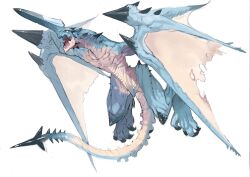 animal_focus blank_eyes claws commentary_request dragon from_side full_body highres horns mibu_natsuki monster no_humans open_mouth original scales simple_background single_horn solo tail torn_wings white_background wings wyvern