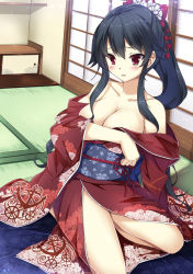 Rule 34 | 10s, 1girl, alternate costume, bare shoulders, black hair, breasts, cleavage, collarbone, covering privates, covering breasts, hair ornament, japanese clothes, kantai collection, kimono, looking at viewer, ponytail, red eyes, seiza, sheita, shouji, sitting, sliding doors, solo, tatami, yahagi (kancolle)