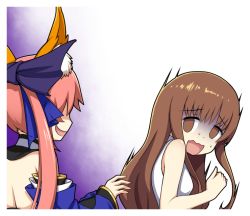 Rule 34 | 2girls, animal ear fluff, animal ears, blue bow, blue kimono, blue ribbon, bow, breasts, brown eyes, brown hair, fate/extella, fate/extra, fate (series), fox ears, fox girl, hair ribbon, japanese clothes, kimono, kishinami hakuno (female), long hair, medium breasts, multiple girls, open mouth, pink hair, rhy1356, ribbon, scared, shaded face, split ponytail, sweat, tamamo (fate), tamamo no mae (fate/extra), transparent background, trembling, turn pale, you gonna get raped