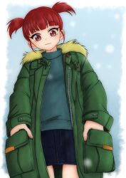 Rule 34 | 1girl, amanone yun, blue shirt, blue skirt, blunt bangs, casual, closed mouth, coat, cowboy shot, fur-trimmed hood, fur trim, girls und panzer, green coat, hands in pockets, highres, hood, hood down, hooded coat, long sleeves, looking at viewer, mikko (girls und panzer), miniskirt, open clothes, open coat, pleated skirt, red eyes, red hair, shirt, short hair, short twintails, skirt, smile, solo, standing, turtleneck, twintails, winter clothes