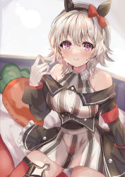 Rule 34 | 1girl, animal ears, armband, breasts, carrot-shaped pillow, commentary request, curren chan (umamusume), gloves, grey hair, highres, horse ears, looking at viewer, maruro, purple eyes, short hair, simple background, sitting, smile, solo, thighhighs, umamusume, white background