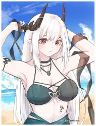 Rule 34 | 1girl, arknights, armpits, arms up, artist name, bare shoulders, beach, black choker, blue sky, breasts, choker, cleavage, cloud, commentary, day, hair between eyes, highres, horns, jewelry, large breasts, lexielex, long hair, looking at viewer, material growth, mudrock (arknights), mudrock (silent night) (arknights), necklace, ocean, official alternate costume, oripathy lesion (arknights), outdoors, pointy ears, red eyes, silver hair, sky, solo, stomach, upper body, very long hair, water