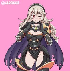 Rule 34 | 1girl, armor, black armor, breasts, cape, cleavage, corrin (female) (fire emblem), corrin (female) (nohr noble) (fire emblem), corrin (fire emblem), fire emblem, fire emblem fates, hairband, jarckius, leotard, long hair, medium breasts, nintendo, official alternate costume, one eye closed, red eyes, smile, solo, thighs, torn cape, torn clothes