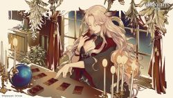 Rule 34 | 1girl, animal ears, arknights, blonde hair, bracelet, candle, candlestand, crystal ball, curtains, deer ears, closed eyes, gitano (arknights), hand to own mouth, hexagram, highres, jewelry, light smile, long hair, mature female, official art, plant, ring, solo, star of david, tarot, tassel, tokima yori, watch, wavy hair, window, wristwatch