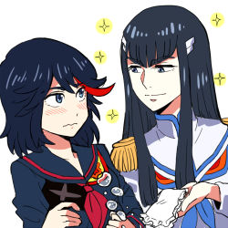 Rule 34 | 10s, 2girls, 3mm, bad id, bad pixiv id, black hair, blush, crying, epaulettes, handkerchief, junketsu, kill la kill, kiryuuin satsuki, living clothes, long hair, lowres, matoi ryuuko, multiple girls, senketsu, short hair, smile, sparkle, tears