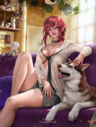 Rule 34 | 1boy, 1girl, chainsaw man, choker, dog, highres, makima (chainsaw man), open clothes, open shirt, red hair, white hair, yam spectrum, yellow eyes