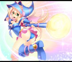 Rule 34 | 1girl, ass, bare legs, bare shoulders, blonde hair, blush, blush stickers, boots, breasts, choker, cleavage, dark magician girl, duel monster, green eyes, hat, hexagram, jewelry, large breasts, long hair, looking at viewer, magical girl, necklace, nyanmaru, open mouth, panties, pentacle, smile, solo, star (symbol), underwear, wizard hat, yu-gi-oh!, yuu-gi-ou, yu-gi-oh! duel monsters