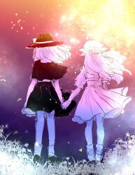 Rule 34 | 2girls, black capelet, black footwear, black skirt, bow, capelet, clothes lift, collared dress, commentary request, dress, field, flower, flower field, frilled hat, frilled sleeves, frills, from behind, full body, greyscale with colored background, hair lift, hat, hat bow, highres, holding hands, lace-trimmed capelet, lace-trimmed collar, lace trim, long hair, maribel hearn, medium hair, miniskirt, mob cap, monochrome, multicolored background, multiple girls, outdoors, petticoat, pleated dress, puffy short sleeves, puffy sleeves, purple background, red background, shirt, shoes, short dress, short sleeves, skirt, skirt lift, socks, sunlight, sunset, suzune hapinesu, touhou, triangle, usami renko, wind, wind lift, yellow background, yuri