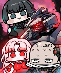 Rule 34 | 1boy, 2girls, :&lt;, allmind (armored core 6), armored core, armored core 6, ayre (armored core 6), bald, bandages, black hair, blush stickers, clipboard, commentary, formal, green eyes, grey eyes, hair intakes, holding, holding clipboard, jazz jack, jitome, long hair, mecha, multiple girls, pink hair, raven (armored core 6), red eyes, robot, sanpaku, scar, solid circle eyes, suit, wide face