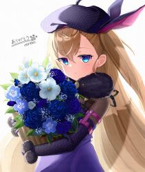 Rule 34 | 1girl, blue eyes, blue flower, blue rose, bouquet, brown hair, carrying, commentary request, flower, fur scarf, grimms echoes, hair between eyes, hat, highres, jibril (grimms echoes), long hair, long sleeves, looking at viewer, neneko sleep, one side up, rose, sidelocks, simple background, smile, solo, white background