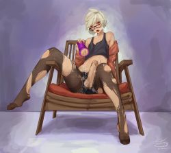 Rule 34 | 1boy, absurdres, artificial vagina, belt, chair, clothes lift, cum, cumdrip, ejaculation, exhausted, final fantasy, final fantasy xiv, glasses, grey hair, highres, hyur, male focus, midriff, nipples, pantyhose, penis, punk, red eyes, sex toy, shirt lift, smile, solo, studded belt, sushimbombo, sweat, taiyo akari, tattoo, testicles, torn clothes, trap