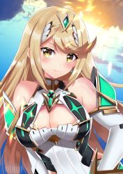 Rule 34 | 1girl, armor, artist name, bare shoulders, blonde hair, blush, breasts, cleavage, cleavage cutout, clothing cutout, earrings, elbow gloves, felielle, gem, gloves, hair ornament, headpiece, jewelry, large breasts, long hair, looking at viewer, mythra (xenoblade), nintendo, shoulder armor, smile, solo, swept bangs, tiara, upper body, very long hair, watermark, xenoblade chronicles (series), xenoblade chronicles 2, yellow eyes