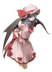 Rule 34 | &gt;:o, 1girl, :o, arm garter, ascot, bat wings, blue hair, brooch, cowboy shot, fang, frilled shirt collar, frills, from side, hands on own hips, hat, hat ribbon, highres, jewelry, leaning forward, looking away, mob cap, no-kan, pink shirt, pink skirt, puffy short sleeves, puffy sleeves, red eyes, red ribbon, remilia scarlet, ribbon, sash, shirt, short sleeves, skirt, skirt set, solo, touhou, v-shaped eyebrows, white background, wings, wrist cuffs