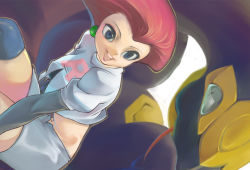 Rule 34 | 1girl, artist request, clothes writing, creatures (company), earrings, game freak, gen 3 pokemon, green eyes, hair slicked back, jessie (pokemon), jewelry, logo, midriff, navel, nintendo, no bangs, pencil skirt, pokemon, pokemon (anime), pokemon (creature), ponytail, red hair, seviper, simple background, skirt, stomach, team rocket, thighhighs, u to i, white background