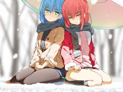 Rule 34 | 2girls, black socks, blue hair, brown coat, closed eyes, closed mouth, coat, green eyes, kneehighs, light smile, looking at another, miniskirt, multiple girls, open mouth, original, pantyhose, red coat, red hair, scarf, seiza, side-by-side, sitting, skirt, sleeping, snow, socks, sprout, tameiki, winter clothes, winter coat, yokozuwari