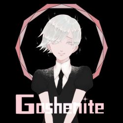 Rule 34 | 1other, androgynous, black background, character name, colored eyelashes, crystal hair, eyes visible through hair, gem uniform (houseki no kuni), goshenite (houseki no kuni), grey eyes, houseki no kuni, looking at viewer, necktie, short hair, smile, solo, sparkle, upper body, white eyes, white hair