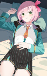 Rule 34 | 1girl, bed, black shorts, breasts, collared shirt, commentary request, commission, green eyes, green jacket, hair ribbon, highres, jacket, long sleeves, looking at viewer, lying, medium breasts, natsu12113, necktie, on back, on bed, open clothes, open jacket, open mouth, orange necktie, pillow, pink hair, raramagi, red ribbon, ribbon, shirt, short hair, shorts, skeb commission, solo, white shirt, yuuki nanami