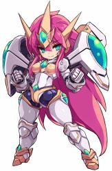 Rule 34 | 1girl, blue eyes, breasts, clenched hands, closed mouth, fang, fang out, full body, hair between eyes, headpiece, karukan (monjya), long hair, looking at viewer, mecha musume, medium breasts, purple hair, simple background, smile, solo, standing, super robot wars, super robot wars the lord of elemental, valsione r, very long hair, white background
