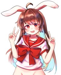 Rule 34 | 1girl, animal ears, arms up, bad id, bad twitter id, blush, bottomless, brown hair, double v, groin, highres, kosobin, long hair, navel, open mouth, original, out-of-frame censoring, rabbit ears, red eyes, school uniform, serafuku, shirt, simple background, smile, solo, upper body, v, white background, white shirt