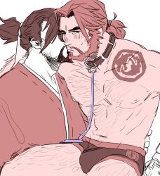 Rule 34 | 2boys, bara, branded, bulge, cassidy (overwatch), collar, flat color, francishsie, hanzo (overwatch), highres, kiss, leash, male focus, multiple boys, overwatch, overwatch 1, partially colored, restrained, sitting, sitting on person, tattoo, topless male, underwear, white background, yaoi