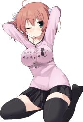Rule 34 | 1girl, ahoge, animal print, arms behind head, arms up, black skirt, black thighhighs, blush, breasts, cat print, collarbone, commentary request, cross, cross necklace, curvy, daitoshokan no hitsujikai, english text, green eyes, hair between eyes, hair ribbon, highres, impossible clothes, jewelry, knees out of frame, kodachi nagi, large breasts, looking at viewer, medium hair, miniskirt, necklace, no shoes, one eye closed, parted lips, paw print, pink hair, pink shirt, pleated skirt, ribbon, shirt, simple background, sitting, skirt, solo, takepoison, thighhighs, thighs, two side up, wariza, white background, white ribbon, zettai ryouiki