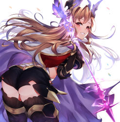 Rule 34 | 1girl, 40 (0f0urw), arrow (projectile), ass, brown eyes, brown hair, cloak, colorized, gloves, granblue fantasy, hair ornament, highres, long hair, looking at viewer, open mouth, shorts, simple background, smile, solo, tweyen (granblue fantasy), thighhighs, white background