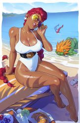 Rule 34 | 1girl, 3boys, adjusting eyewear, after battle, anklet, arm support, ass, aviator sunglasses, bare legs, barefoot, beach, beach chair, blanka, border, braid, braided ponytail, breasts, bruise, capcom, cleavage, colored skin, covered erect nipples, crimson viper, croissant, cup, dark-skinned female, dark skin, defeat, drinking glass, earrings, fingernails, food, fruit, gill (street fighter), grapes, green eyes, green nails, green skin, head tilt, injury, inugami-ke no ichizoku pose, jewelry, kajin (kajinman), large breasts, long fingernails, looking at viewer, male swimwear, mature female, multicolored skin, multiple boys, nail polish, necklace, ocean, one-piece swimsuit, orange hair, outside border, partially submerged, pink male swimwear, pompadour, red hair, ryu (street fighter), scowl, shade, sitting, street fighter, street fighter ii (series), street fighter iii (series), street fighter iv (series), sunglasses, swim briefs, swimsuit, thighs, thong, toenails, toes, top-down bottom-up, upside-down, water, watermelon, wet, white border, white male swimwear, white one-piece swimsuit