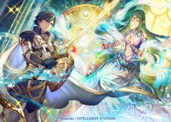 Rule 34 | armor, blue eyes, blue hair, chrom (fire emblem), commentary, company name, copyright name, fire emblem, fire emblem awakening, fire emblem cipher, glowing, holding, holding sword, holding weapon, indoors, naga (fire emblem), nintendo, official art, pointy ears, short hair, sparkle, sword, umiu geso, weapon