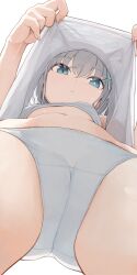 Rule 34 | 1girl, blue archive, blue eyes, breasts, clothes lift, cross hair ornament, from below, grey hair, hair ornament, highres, hiroki (yyqw7151), lifted by self, looking at viewer, navel, shiroko (blue archive), shirt, shirt lift, small breasts, solo, stomach, upshirt, white shirt