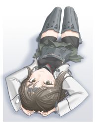 Rule 34 | 10s, 1girl, arms up, bike shorts, boots, breasts, brown eyes, brown hair, covered erect nipples, full body, headgear, highres, kantai collection, lying, miniskirt, on back, pleated skirt, shorts under skirt, skirt, small breasts, smile, solo, t2r, taihou (kancolle), thigh boots, thighhighs