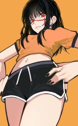 Rule 34 | 1girl, absurdres, black hair, chainsaw man, crop top, cross scar, facial scar, highres, looking at viewer, midriff, nail polish, navel, ringed eyes, sailen0, scar, scar on cheek, scar on face, scar on nose, shirt, shorts, simple background, solo, yoru (chainsaw man)