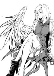 Rule 34 | 1girl, ankle boots, boots, bow, bowtie, closed mouth, dress, feathered wings, greyscale, high heel boots, high heels, highres, invisible chair, jacket, kishin sagume, crossed legs, long sleeves, looking to the side, monochrome, open clothes, open jacket, ruukii drift, short hair, simple background, single boot, single wing, sitting, solo, thighhighs, touhou, white background, wings