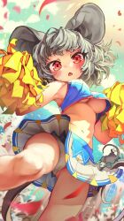 Rule 34 | 1girl, absurdres, animal ears, armpits, blush, breasts, cheerleader, crop top, crop top overhang, dress, grey hair, highres, holding, holding pom poms, large breasts, looking at viewer, melaton, midriff, miniskirt, mouse (animal), mouse ears, mouse girl, mouse tail, nazrin, open mouth, panties, pom pom (cheerleading), pom poms, red eyes, short hair, skirt, sleeveless, solo, tail, touhou, underboob, underwear, upskirt