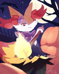 Rule 34 | 1girl, :3, animal ear fluff, animal ears, animal nose, artist name, bare tree, bat (animal), black fur, blue dress, body fur, bow, bowtie, braixen, closed mouth, clothed pokemon, cowboy shot, creatures (company), dated, dress, fang, female focus, fence, fire, flat chest, flower, fox ears, fox girl, fox tail, full moon, furry, furry female, game freak, gen 6 pokemon, hair flower, hair ornament, halloween, hand up, happy, highres, holding, holding stick, looking at viewer, moon, multicolored fur, night, nintendo, outdoors, pink flower, pink rose, pokemon, pokemon (creature), pokemon cafe remix, pumpkin, purple bow, purple bowtie, red eyes, red fur, red nose, rii (rii k lr), rose, short dress, sideways mouth, signature, skin fang, sky, smile, snout, solo, standing, star (sky), starry sky, stick, tail, tree, tsurime, underlighting, white fur, yellow fur