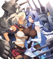 Rule 34 | 2girls, :3, absurdres, azur lane, bare shoulders, blush, breasts, cleavage, closed mouth, clothing cutout, commentary, commission, cowboy shot, crossover, dark-skinned female, dark skin, english commentary, face-to-face, hair between eyes, hand on own hip, highres, kantai collection, long hair, midriff, multiple girls, musashi (kancolle), navel, new jersey (azur lane), second-party source, shinidei, side cutout, sidelocks, simple background, smile, standing, thighhighs, underboob, very long hair, white background, zettai ryouiki