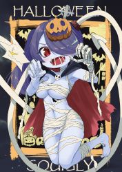 Rule 34 | 1girl, absurdres, arms up, artist request, bandages, barefoot, blue hair, blue skin, blush, cape, character name, colored skin, cross, fingernails, functionally nude, hair over one eye, halloween, halloween costume, highres, jack-o&#039;-lantern, jack-o&#039;-lantern hair ornament, legs together, leviathan (skullgirls), long fingernails, mummy costume, navel, necklace, open mouth, red eyes, scar, side ponytail, skeletal arm, skull necklace, skullgirls, smile, solo, squigly (skullgirls), stitched mouth, stitches, yellow eyes, zombie